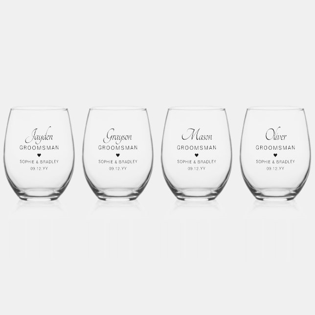 Groomsman Personalised Name Wedding Party Stemless Wine Glass (Front)