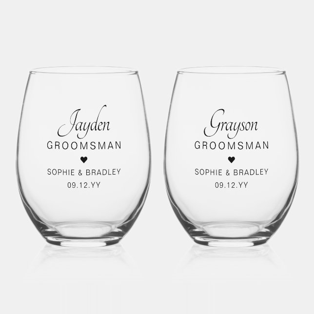 Groomsman Personalised Name Wedding Party Stemless Wine Glass (Front)