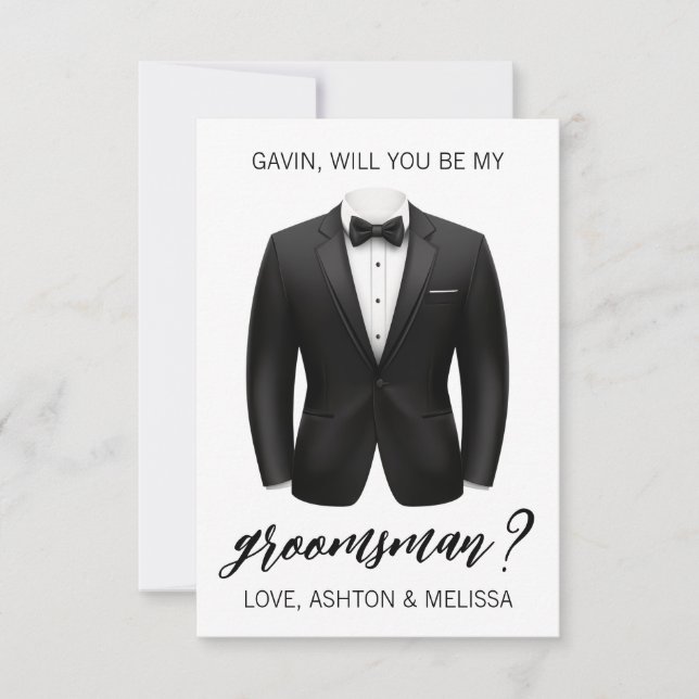 Groomsman Proposal Card, Black Tuxedo, Suit Jacket Invitation (Front)