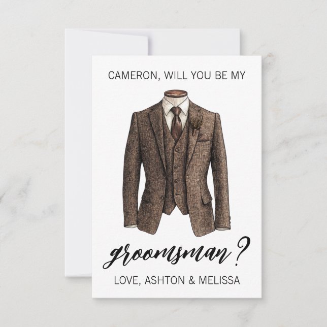 Groomsman Proposal Card, Brown Tweed Suit Jacket Invitation (Front)