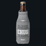 Groomsman Proposal Chug to Accept Funny Faux Wood Bottle Cooler<br><div class="desc">Get the wedding celebration started in style with a funny personalized groomsman proposal bottle cooler. Design features a rustic grey faux wood background, stylish modern typography names, and a customizable request reading "Will you be my groomsman? Chug to accept". All text is simple to customize or delete. These unique and...</div>