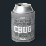 Groomsman Proposal Chug to Accept Funny Faux Wood Can Cooler<br><div class="desc">Get the wedding celebration started in style with a funny personalized groomsman proposal can cooler. Design features a rustic grey faux wood background, stylish modern typography names, and a customizable request reading "Will you be my groomsman? Chug to accept". All text is simple to customize or delete and can be...</div>