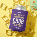 Groomsman Proposal Chug to Accept Purple and Gold Can Cooler<br><div class="desc">Get the wedding celebration started in style with a funny personalized groomsman proposal can cooler. The purple, gold and white design features stylish modern typography names and a customizable request reading "Will you be my groomsman? Chug to accept". All text is simple to customize or delete and can be different...</div>