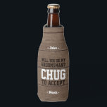 Groomsman Proposal Chug to Accept Rustic Faux Wood Bottle Cooler<br><div class="desc">Get the wedding celebration started in style with a funny personalized groomsman proposal bottle cooler. Design features a rustic brown faux wood background, stylish modern typography names, and a customizable request reading "Will you be my groomsman? Chug to accept". All text is simple to customize or delete. These unique and...</div>