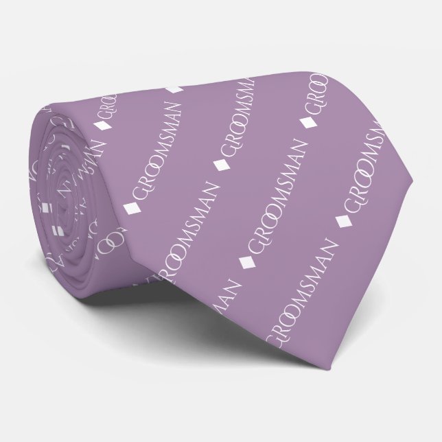 Groomsman Repeating White Text on Lavender Tie (Rolled)