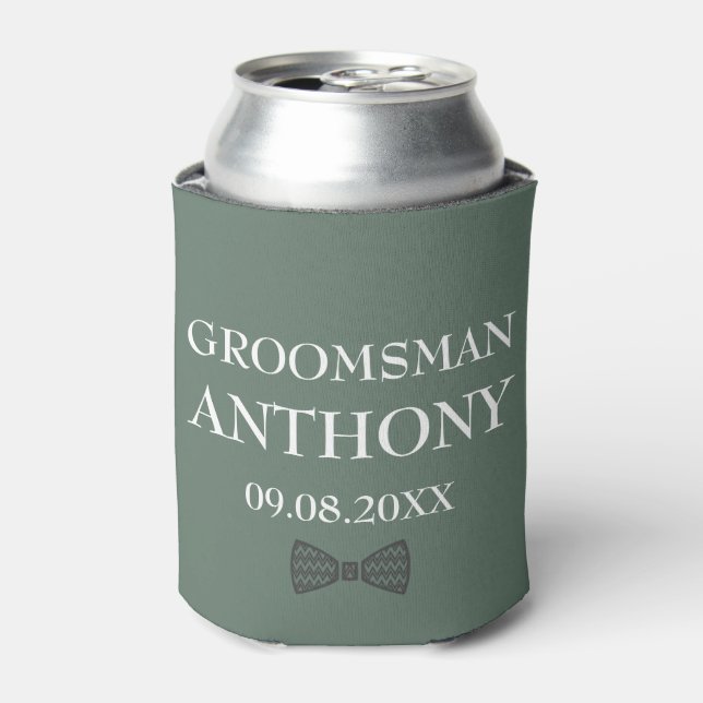 Groomsman Sage Green Elegant Custom Name Wedding  Can Cooler (Can Front)
