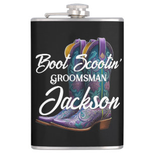 Groomsman Scootin' Cowboy Boots Black Hip Flask