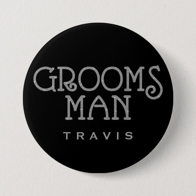 Groomsman Silver Faux Glitter Name Tag Button (Front)