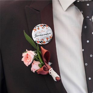 GROOMSMAN Tropical Flowers Swirls Wedding Name Tag 2 Inch Round Button
