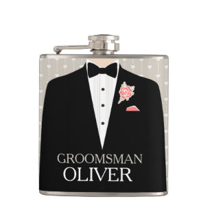 Groomsman tuxedo coral button named hip flask
