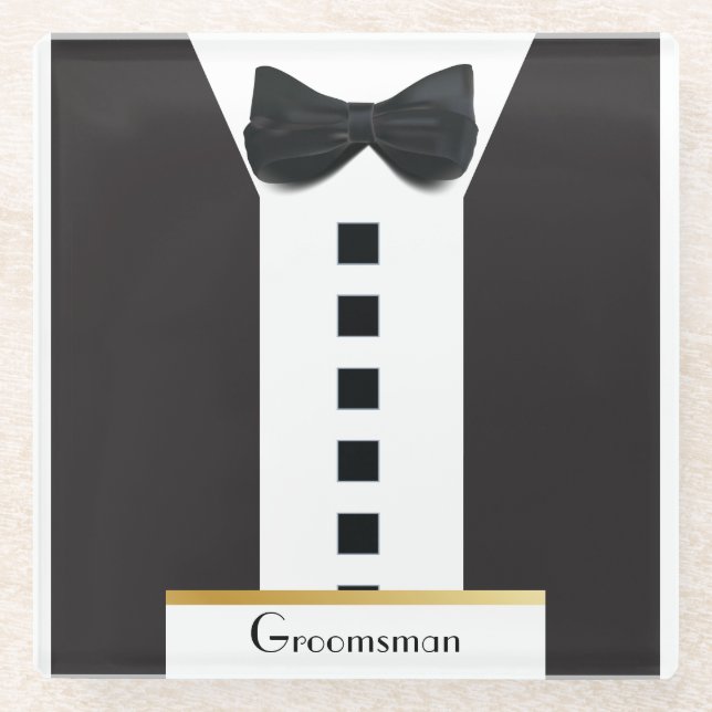 Groomsman Tuxedo 🎩 Elegant Bling  Glass Coaster (Front)