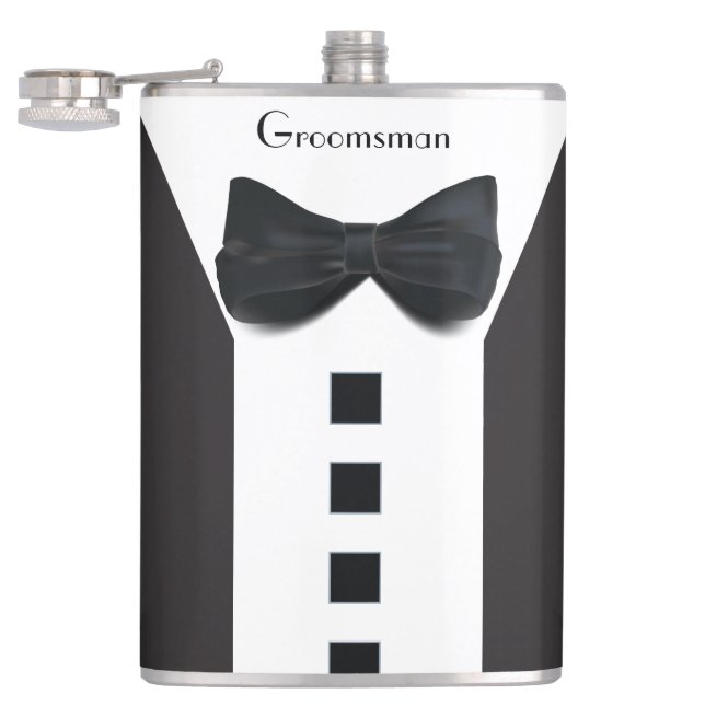Groomsman Tuxedo 🎩 Elegant Bling Script Hip Flask (Opened)