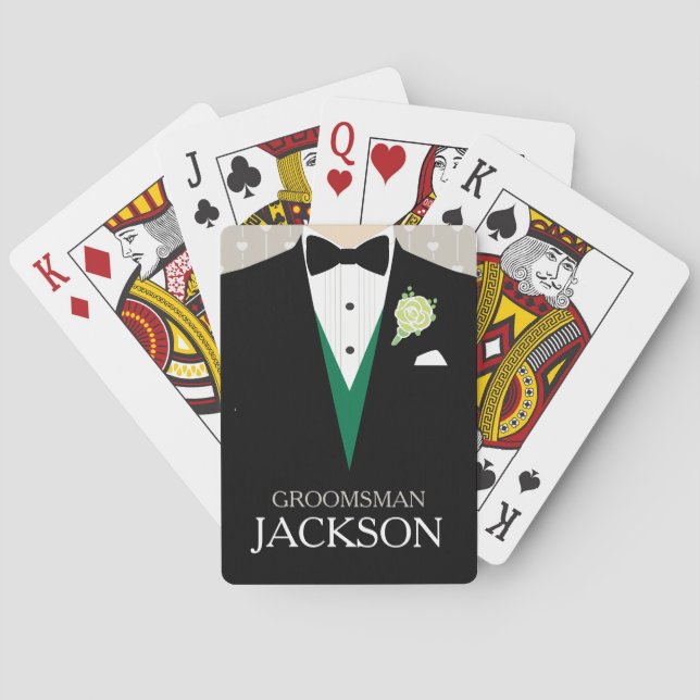 Groomsman tuxedo green personalized playing cards (Back)