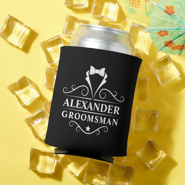 Groomsman Tuxedo Tie Black Can Cooler (In Situ Summer)