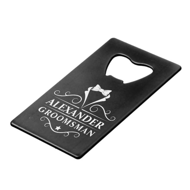 Groomsman Tuxedo Tie Black Credit Card Bottle Opener (Front Angled)