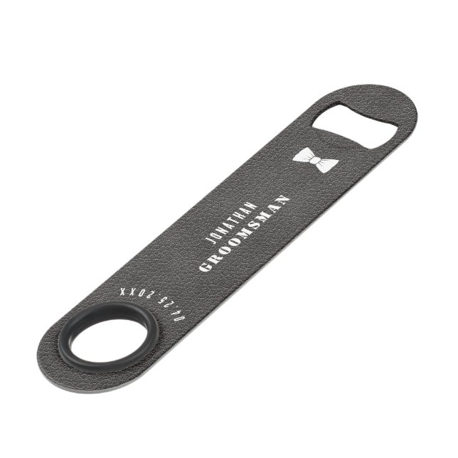 Groomsman Vintage Black Leather Bow Tie Bar Key (Front Angled)