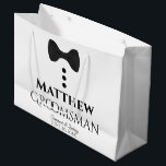 Groomsman Wedding Gift Bag with Black Tie - Large<br><div class="desc">This gift bag is designed for your Groomsmen. The design features black text and a black tie with buttons on a white background. Includes a space for his name as well as the name of the couple and the wedding date. Fill with gifts, favours, candy, booze, or any other sort...</div>