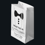 Groomsman Wedding Gift Bag with Black Tie - Small<br><div class="desc">This gift bag is designed for your Groomsmen. The design features black text and a black tie with buttons on a white background. Includes a space for his name as well as the name of the couple and the wedding date. Fill with gifts, favours, candy, booze, or any other sort...</div>