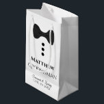 Groomsman Wedding Gift Bag with Black Tie - Small<br><div class="desc">This gift bag is designed for your Groomsmen. The design features black text and a black tie with buttons on a white background. Includes a space for his name as well as the name of the couple and the wedding date. Fill with gifts, favours, candy, booze, or any other sort...</div>