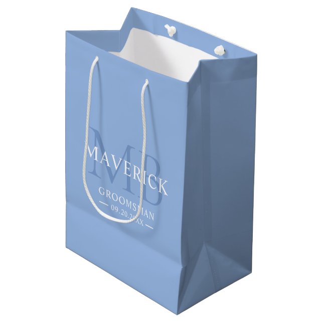 Groomsmen Gift Masculine Monogram Initial Blue Medium Gift Bag (Front Angled)