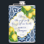 Groomsmen gifts favours blue tiles lemon Amalfi  Hip Flask<br><div class="desc">Groomsmen gifts Blue tiles and lemon Amalfi Positano Mediterranean style bridal party favours personalized name custom flask,  Morocco style carved border. Makes a lovely keepsake gift for your special guests.</div>