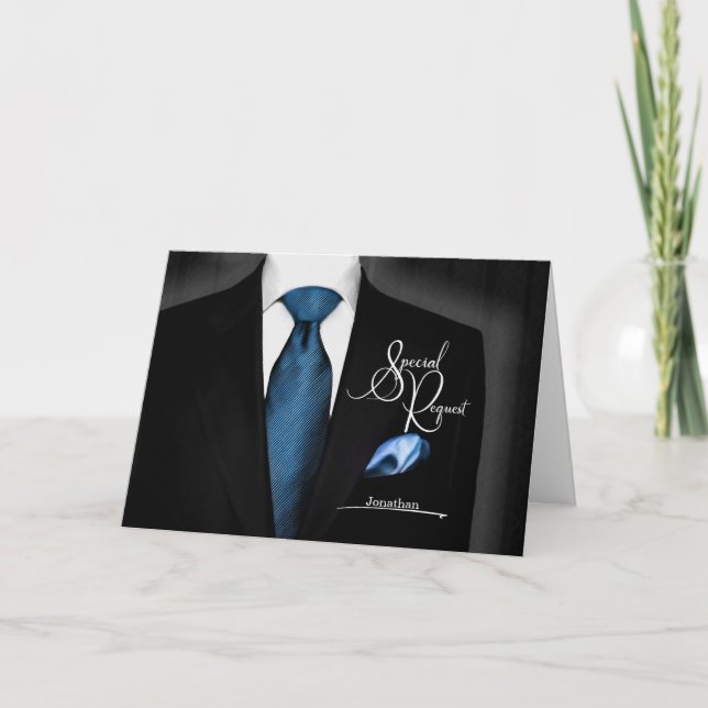 Groomsmen Request Tuxedo with Blue Tie Invitation (Front)