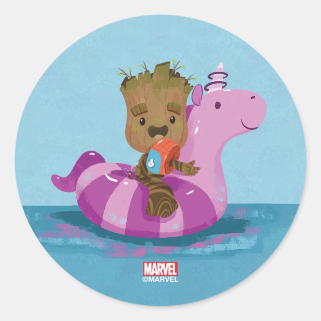 Groot Swimming on a Pool Float Classic Round Sticker (Front)