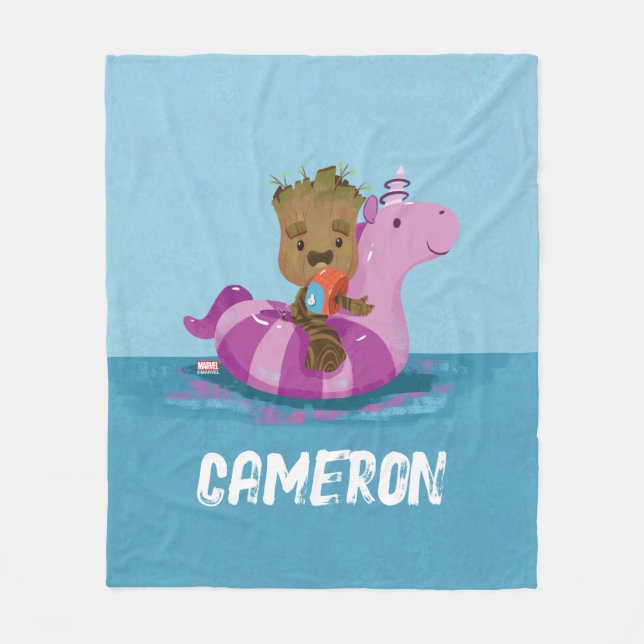 Groot Swimming on a Pool Float Fleece Blanket (Front)