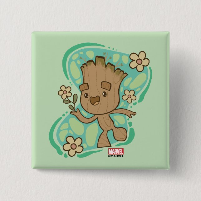 Groot with Yellow Flowers 2 Inch Square Button (Front)