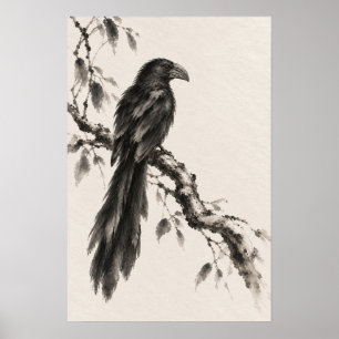 Groove-billed Ani on Twisted Branch Ink Wash Illus Poster