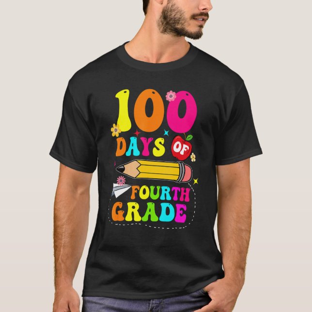Groovy 100 Days Of Fourth Grade Kids Teacher 100th T-Shirt (Front)