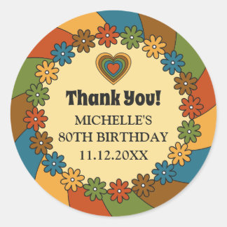 Groovy 1960s Flowers Hearts Waves in Retro Colors Classic Round Sticker