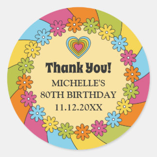 Groovy 1960s Retro Colorful Flowers Hearts Waves  Classic Round Sticker