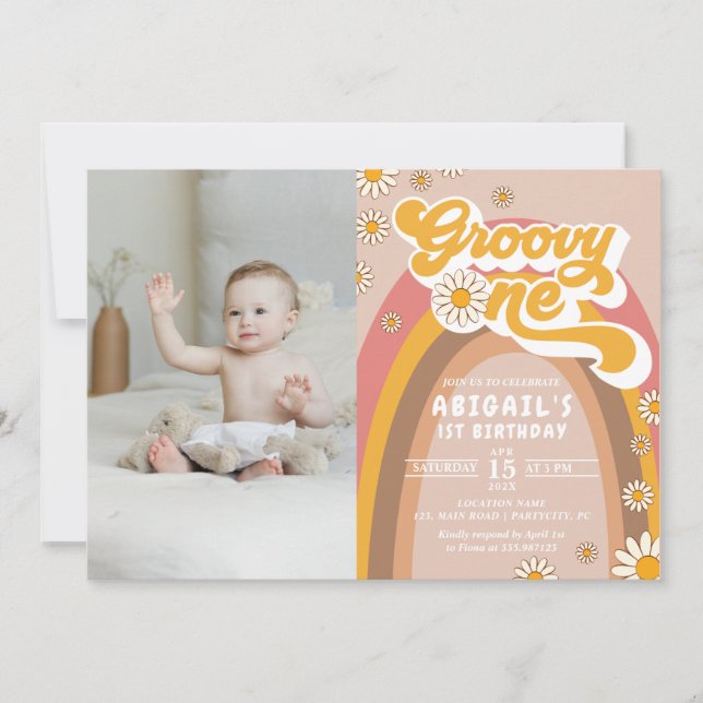 Groovy 1st Birthday Photo Invitation (Front)