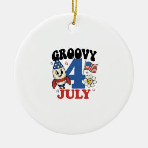 Groovy 4th of July Rocket Patriotic Shirt Design_1 Ceramic Ornament