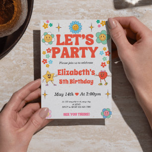 Groovy 5th Birthday Invitation - Beige, Red, Retro