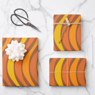 Groovy 60s 70s Abstract Wavy Lines Orange Brown Wrapping Paper Sheet
