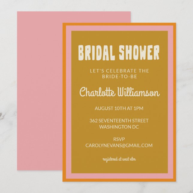 Groovy 60s 70s Colourful Pink Mustard Bridal Showe Invitation (Front/Back)