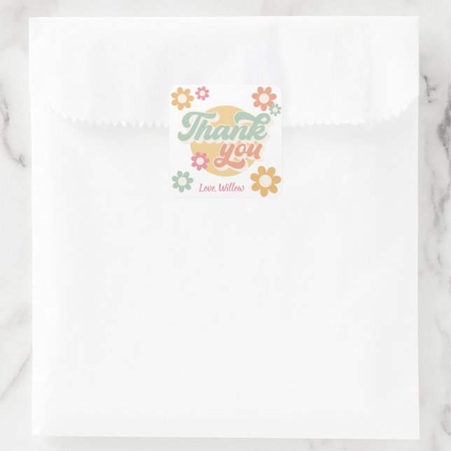 Groovy 60's 70's Flowers Birthday Party Thank You Square Sticker (Bag)