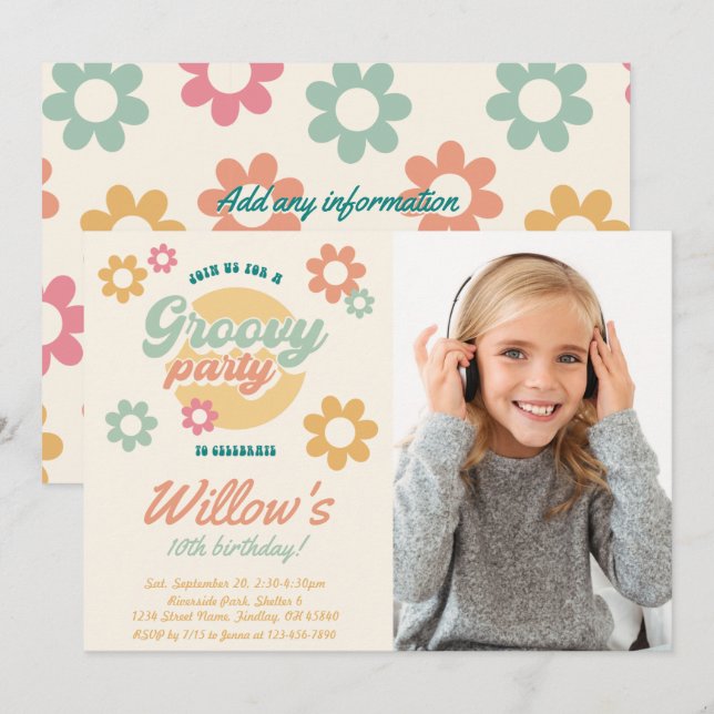 Groovy 60's 70's Flowers Photo Birthday, Any Age Invitation (Front/Back)