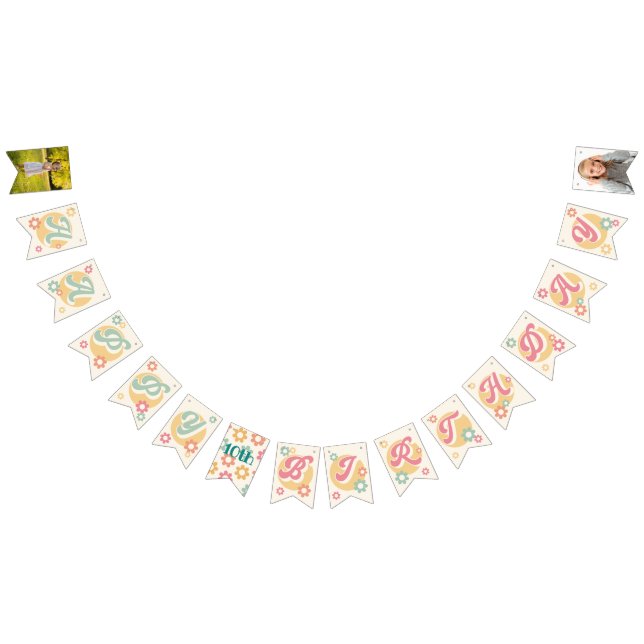 Groovy 60's 70's Flowers Photo Happy Birthday Bunting Flags (All)