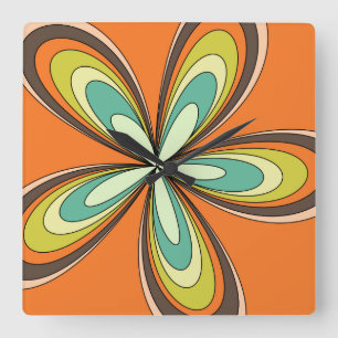 Groovy 60s 70s Hippie Flower Orange Retro Daisy Square Wall Clock