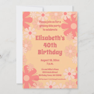 Groovy 60s Party Pretty Pink Floral Birthday Invitation