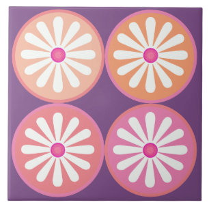  Groovy 60s White daisies with pink circles  Tile