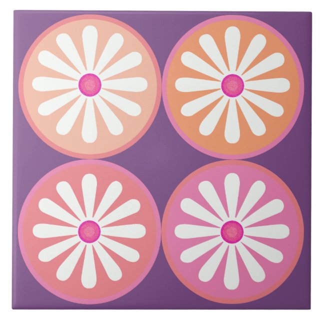  Groovy 60s White daisies with pink circles  Tile (Front)