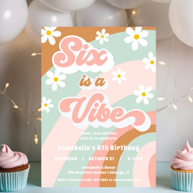 Groovy 6th birthday Six is a Vibe retro daisy Invitation (Creator Uploaded)