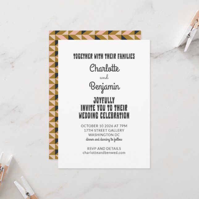 Groovy 70s Black Gold All-in-One Retro Wedding Invitation (Front/Back In Situ)