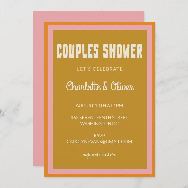 Groovy 70s Colourful Pink Mustard Couples Shower Invitation (Front/Back)