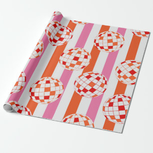 Groovy 70s Disco Balls on Pink and Orange Stripes  Wrapping Paper