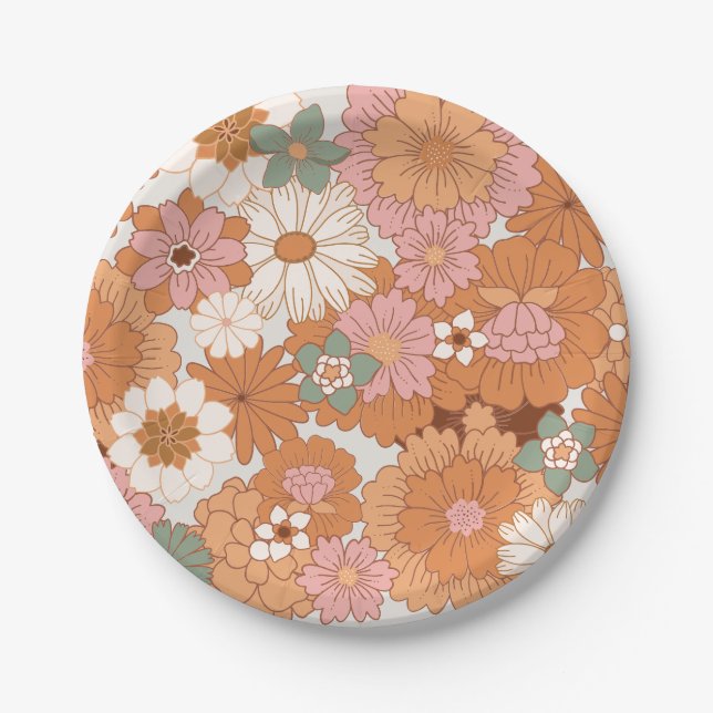 Groovy 70s Hippie Floral Baby Shower Paper Plates (Front)